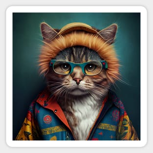 Cat wearing colorful jacket, hat and glasses Sticker